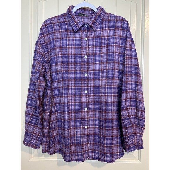SHEIN Tops - Shein womens purple plaid long sleeve button up flannel casual comfort sz‎ L GUC